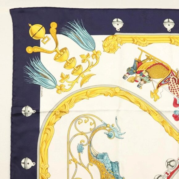 HERMES Carre 90 Scarf ""Plumes et Grelots"" Silk Navy - Picture 2 of 14